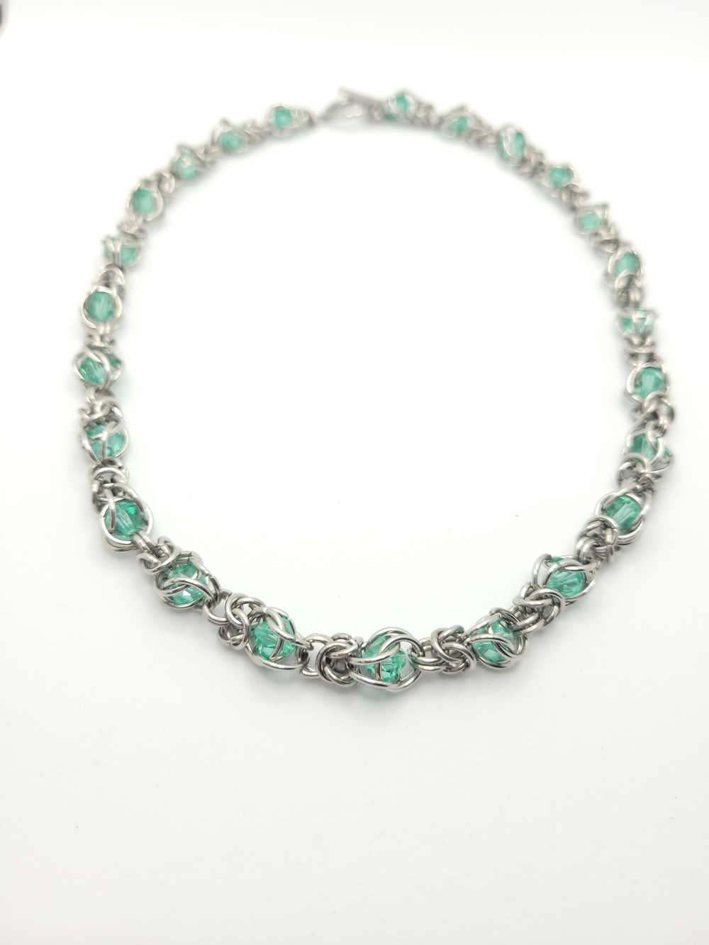 Stainless Steel Chainmail Necklace W/ Embedded Caribbean Sea Preciosa Crystals